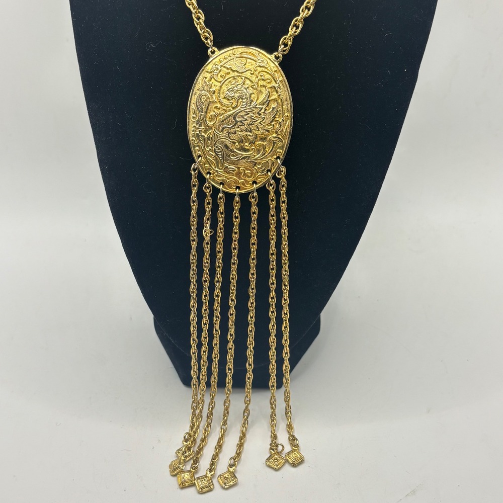 Accessocraft NYC Vintage Gold Tone Griffin Pendant Tassel Statement Necklace